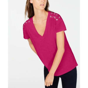 Inc Petite Red Cotton Crisscross-Trim Grommet Top, Size M